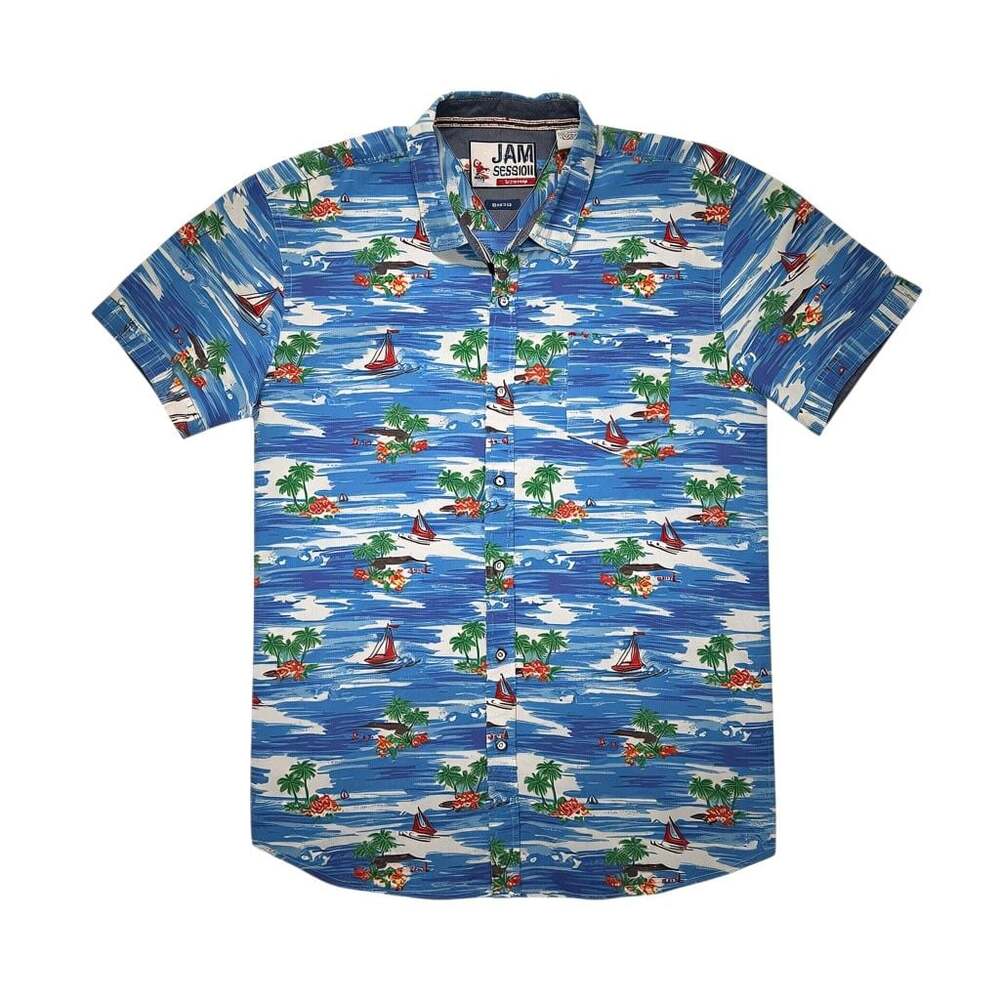 Jam Session Men's XL Slim Fit Tropical Sailboat Print  Button Down Shirt